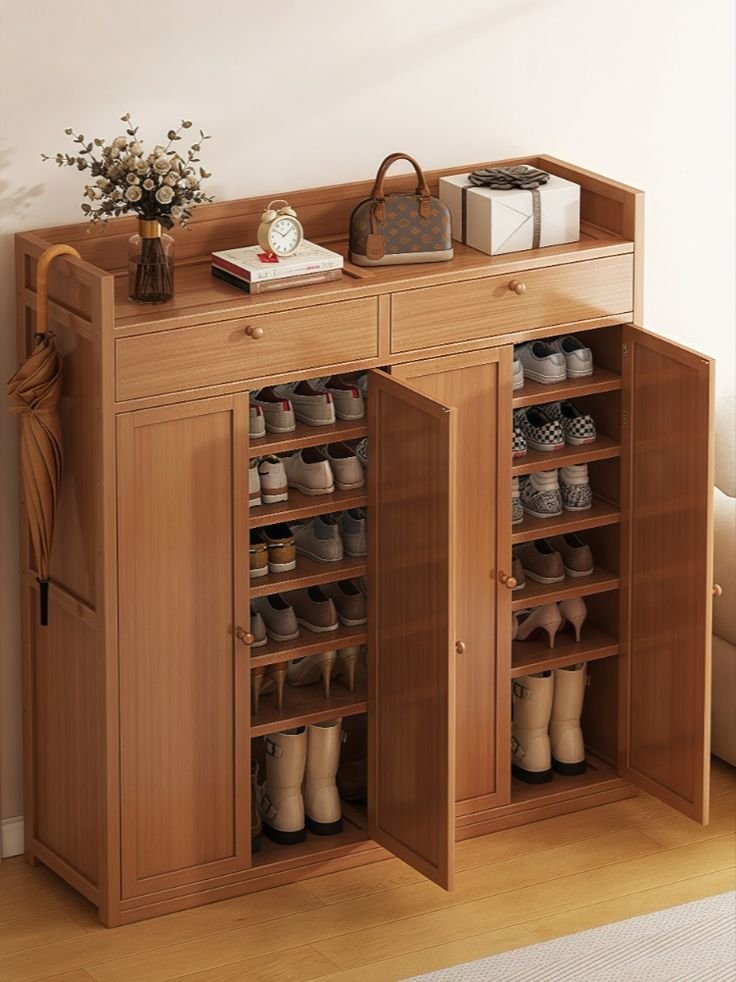 Natural polish Shoe cabinet with drawers